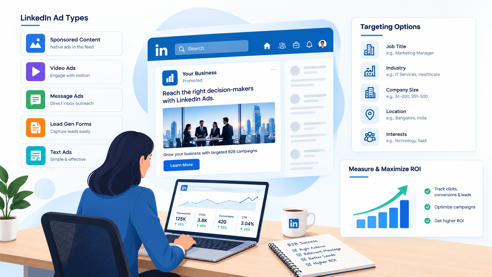 LinkedIn Ads B2B Growth Dashboard showing LinkedIn ad types, targeting options, and ROI measurement